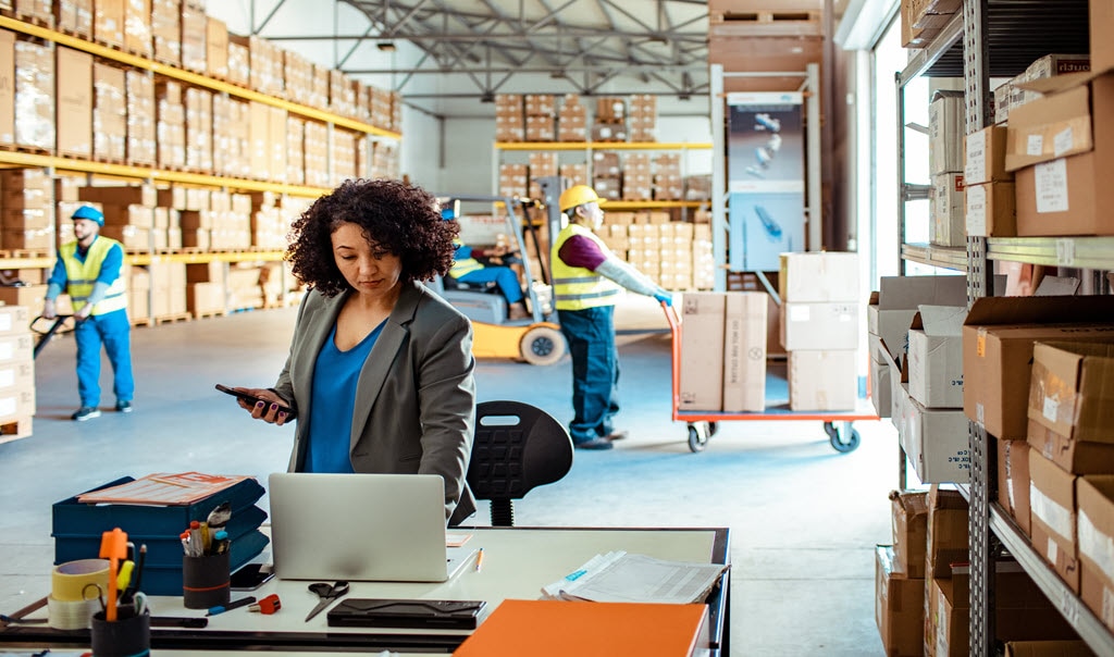 Woman in inventory facility looking at laptop