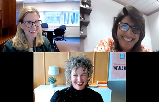 Webinar screenshot of speakers Janice Brunner, Erin Loos Cutraro, and Lisa Seminara