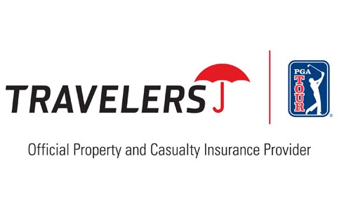 Travelers logo next to PGA Tour logo - Text, Official Property and Casualty Insurance Provider