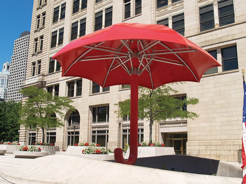 Travelers umbrella in plaza