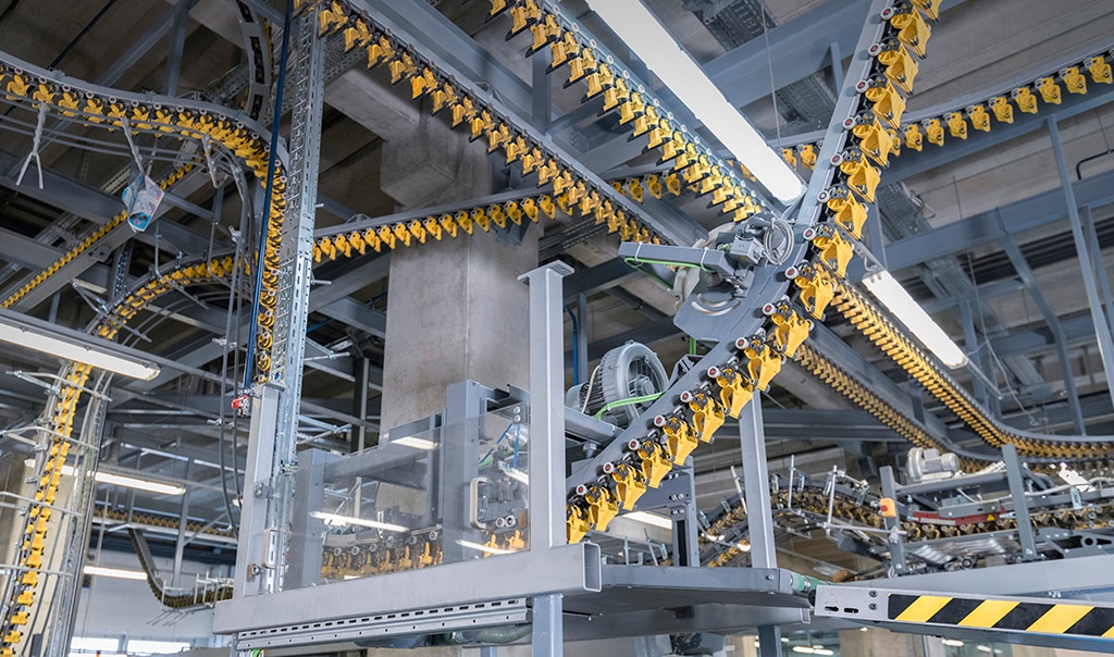 A machinery factory with gears and conveyor belts.