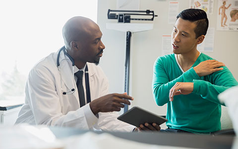 Doctor meeting with patient with pain in arm