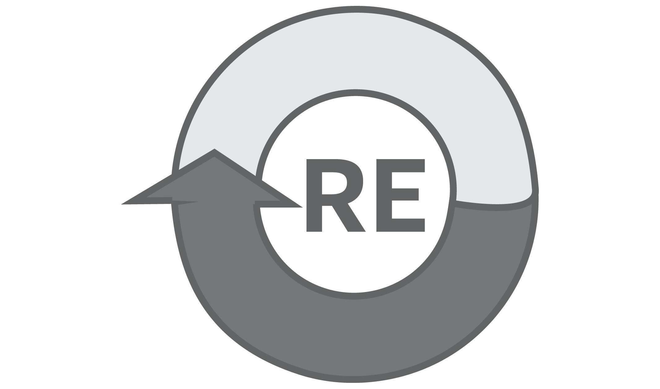 grey and white icon of a circular arrow, with the letters RE inside of it
