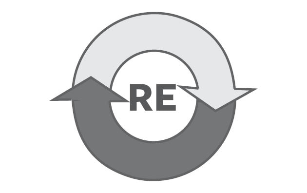 grey icon RE with two circular arrows 
