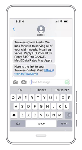 Screenshot of a text message from Travelers that says 