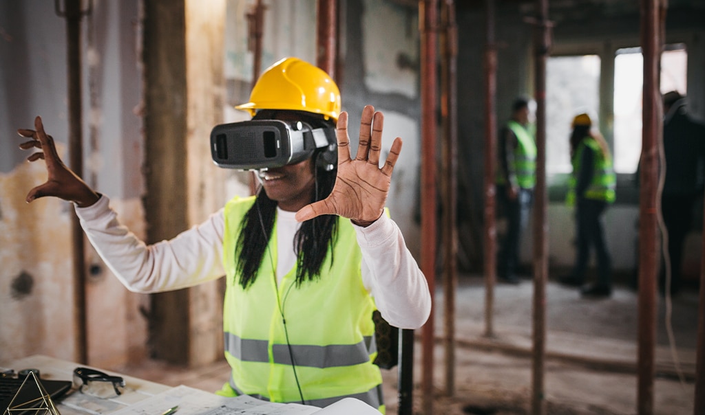 construction worker wearing virtual reality glasses