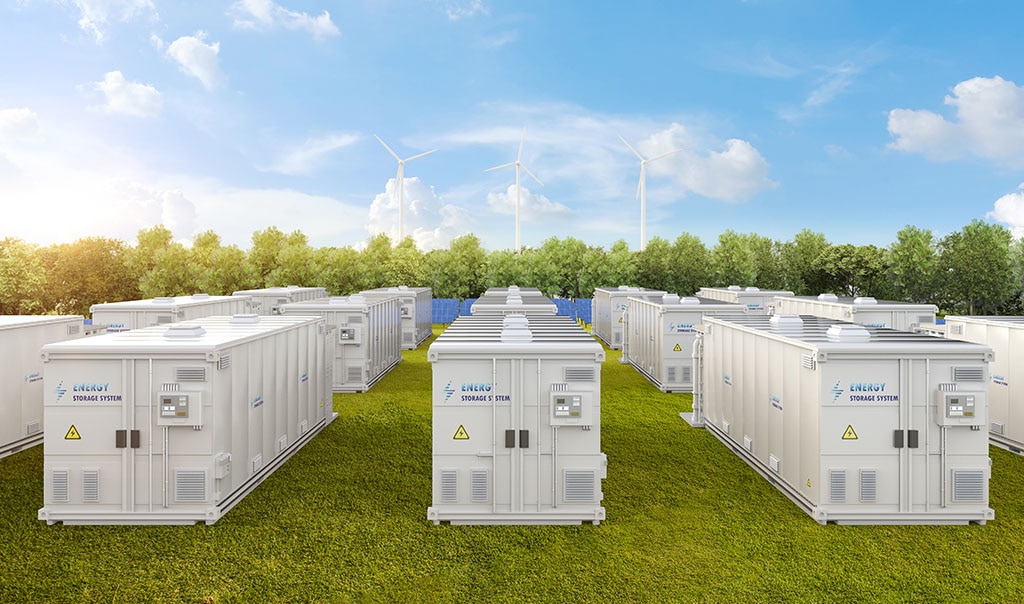 Amount of energy storage systems or battery container units with solar and turbine farm.