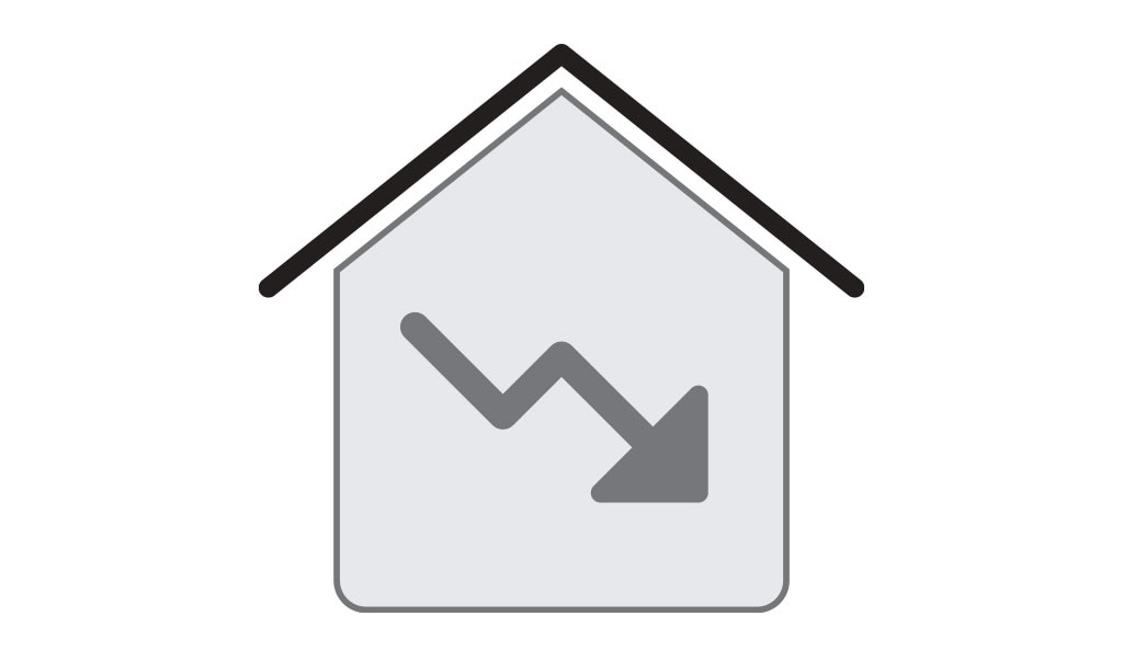 An icon of a house with a arrow pointing down.