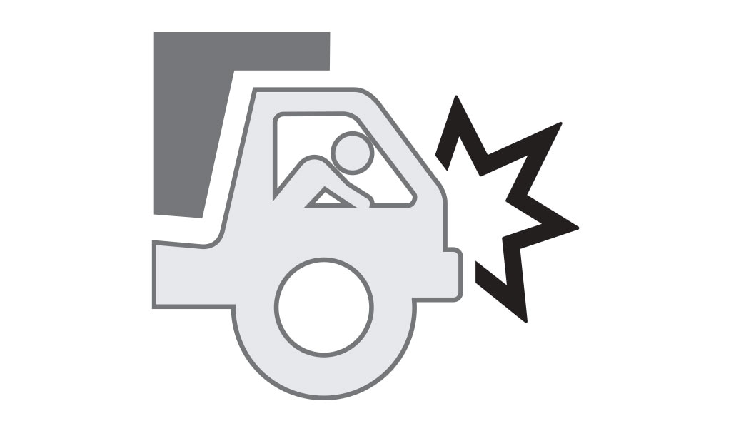 An icon of a truck with a person inside heading towards a crash.