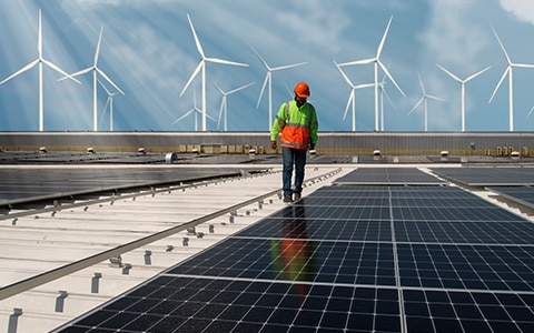 man inspecting solar panels