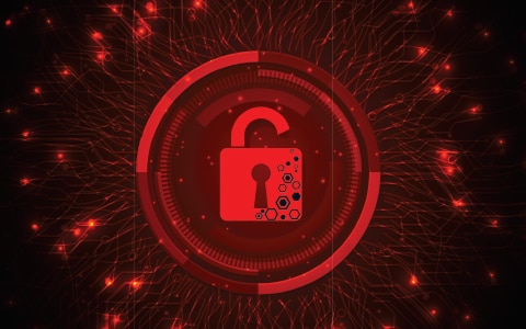 An illustration of a broken lock in red with a black background