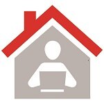 Icon of house, with icon of person working on a computer inside it, Changing Nature of Work