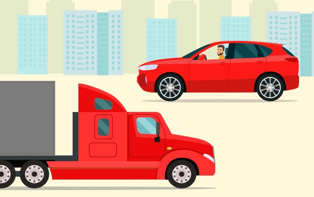 Illustration of red car passing red truck