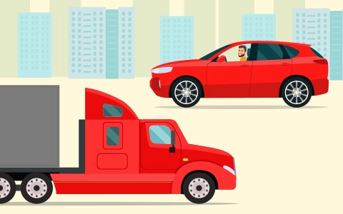 illustration of red car passing by red truck