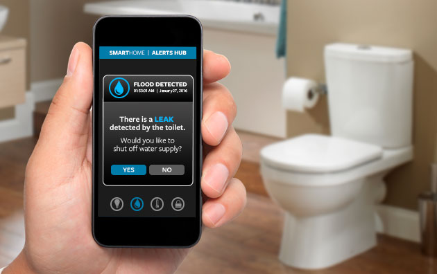 Water sensor alert appearing on smartphone in bathroom