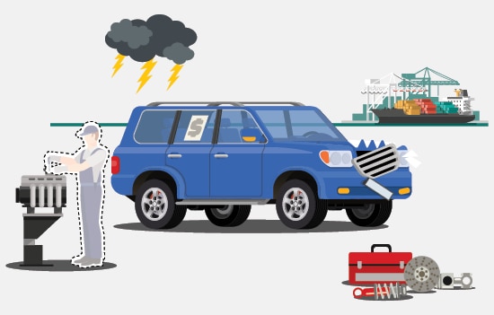 graphic illustration of car with tool box, boat, and lightening graphic in background