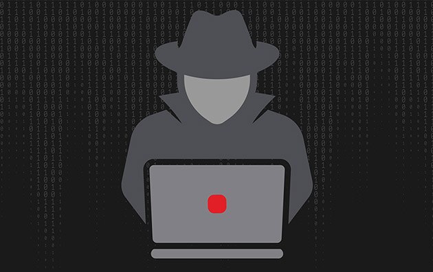 illustration of suspicious-looking hacker sitting in front of a laptop computer
