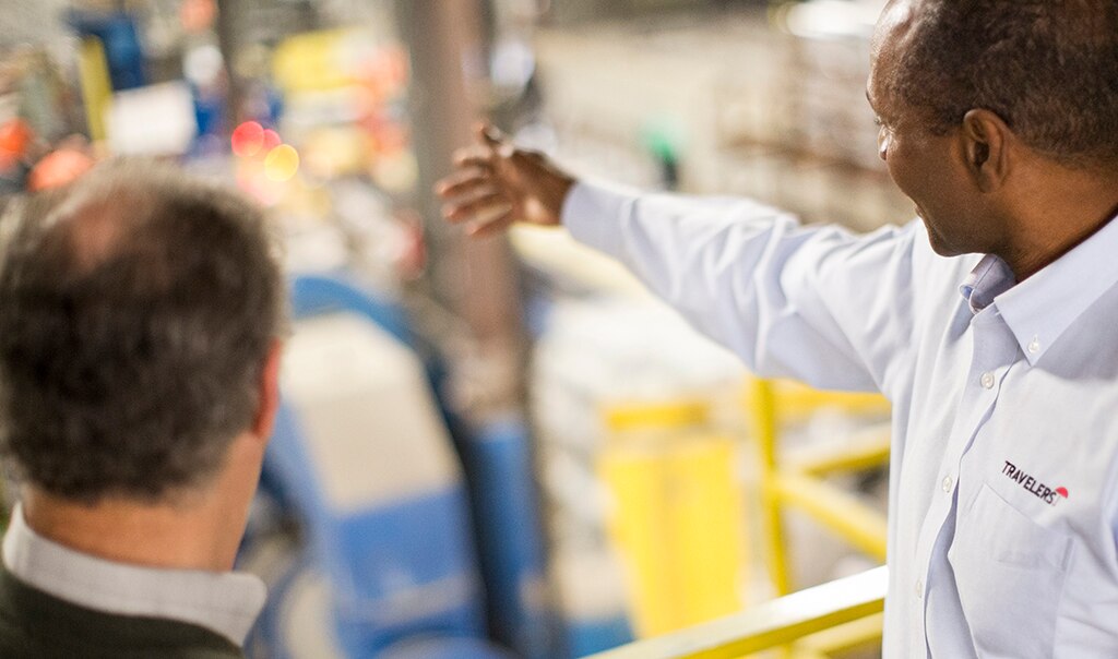 Back view of two male employees, one on the right has hand pointed out, looking into the distance of a manufacturing plant.