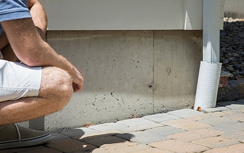 person looking at foundation of a house