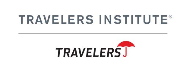 Travelers Institute logo separated by line above Travelers logo with red umbrella