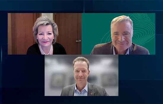 Screenshot of Joan Woodward, Michael Klein and Jad Daley on a Zoom call